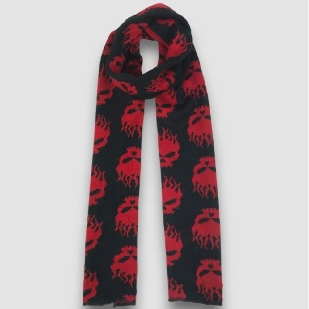 Vintage Splitfire Unisex Black Red Fire Skull Print Wool Blend Muffler Scarf Y2K